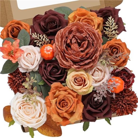 Artificial Flowers Silk Flower Cake Flowers Fake Roses Orange Burgundy Flowers - Picture 1 of 6